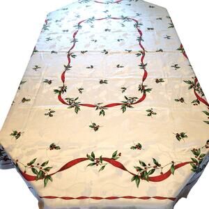 Vintage Christmas Tablecloth 82x58" Rectangle Red Holly Berry Pattern Shimmery